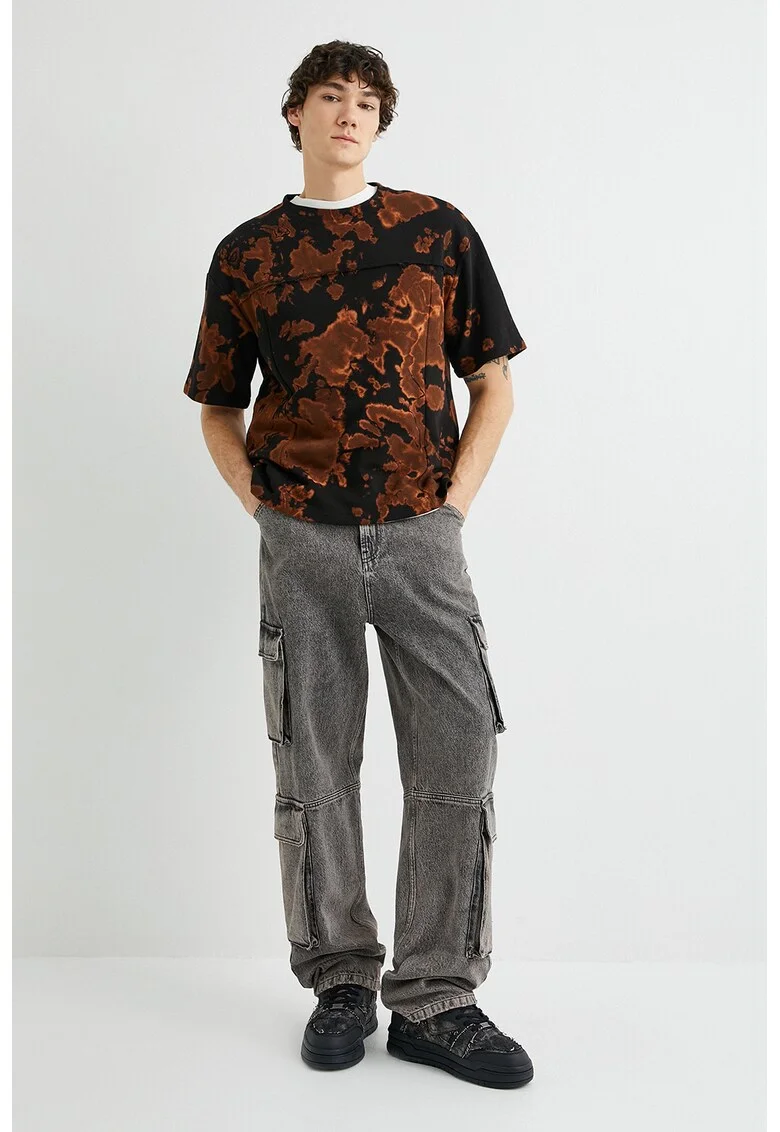 Tricou cu decolteu la baza gatului si imprimeu tie-dye, Negru/Maro