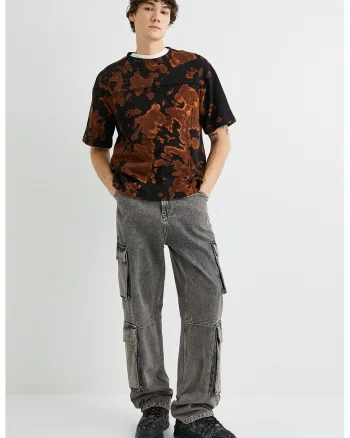 Tricou cu decolteu la baza gatului si imprimeu tie-dye, Negru/Maro