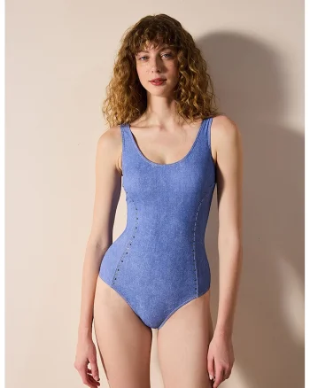 Costum de baie intreg cu aplicatii, Albastru lavanda