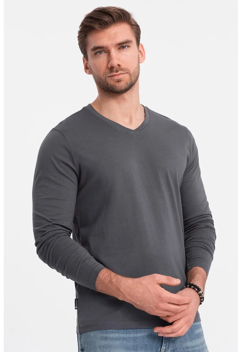 Bluza din bumbac cu decolteu in V, Gri inchis
