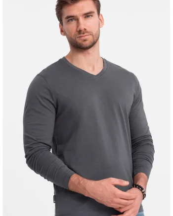 Bluza din bumbac cu decolteu in V, Gri inchis