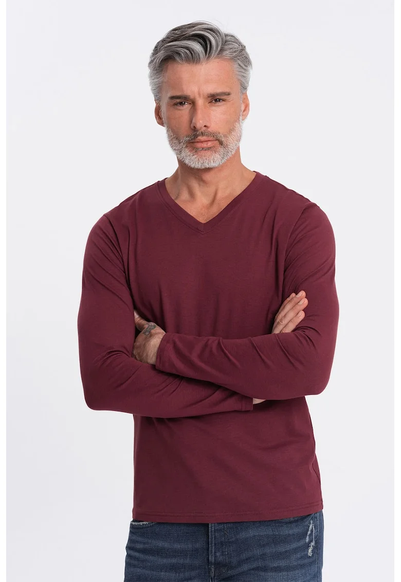 Bluza din bumbac cu decolteu in V, Visiniu