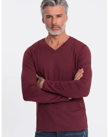 Bluza din bumbac cu decolteu in V, Visiniu