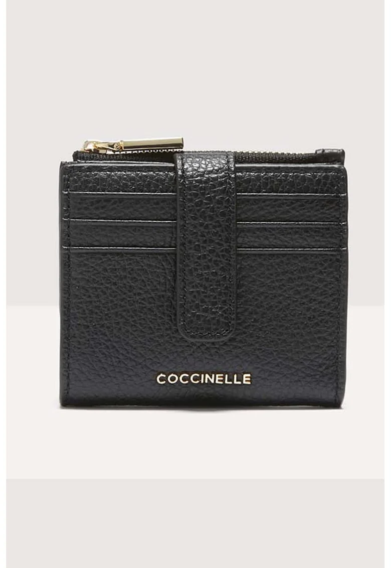 Portcart din piele cu logo, Negru