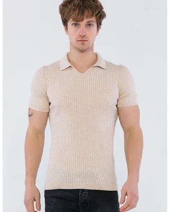 Tricou polo striat, Bej