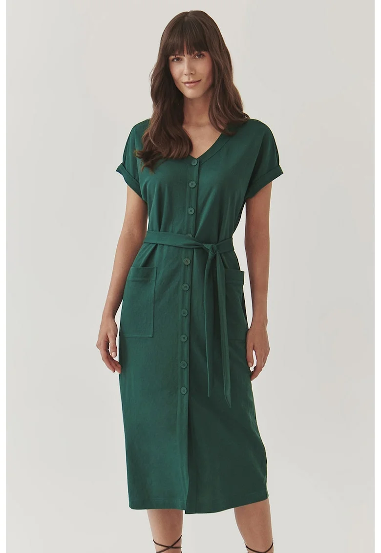 Rochie midi cu nasturi si cordon in talie Wankarmi, Verde inchis