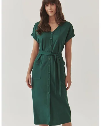 Rochie midi cu nasturi si cordon in talie Wankarmi, Verde inchis