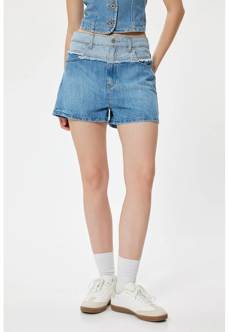 Pantaloni scurti cu dou anuante si talie inalta, Albastru melange