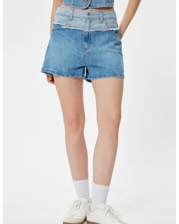 Pantaloni scurti cu dou anuante si talie inalta, Albastru melange