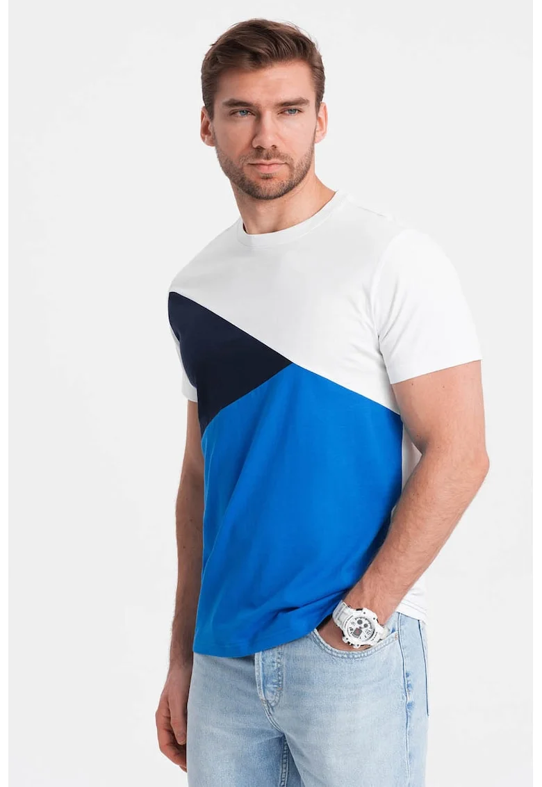 Tricou regular fit din bumbac cu decolteu la baza gatului, Alb/Albastru royal