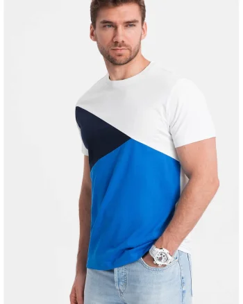 Tricou regular fit din bumbac cu decolteu la baza gatului, Alb/Albastru royal