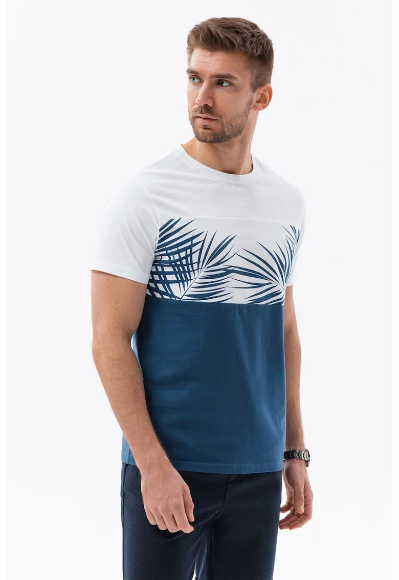 Tricou din bumbac cu imprimeu tropical, Alb/Albastru inchis