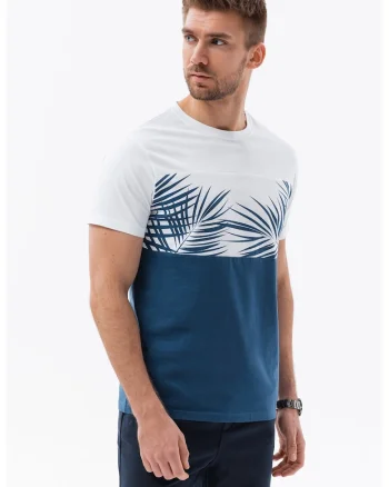 Tricou din bumbac cu imprimeu tropical, Alb/Albastru inchis