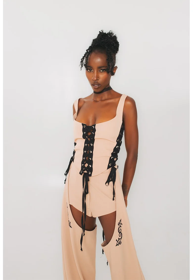 Corset cu detalii cu siret, Negru/Bej