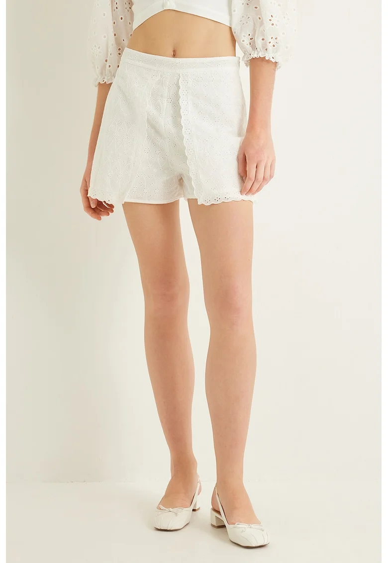 Pantaloni scurti din amestec de bumbac cu talie inalta, Alb fildes