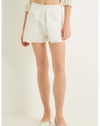 Pantaloni scurti din amestec de bumbac cu talie inalta, Alb fildes