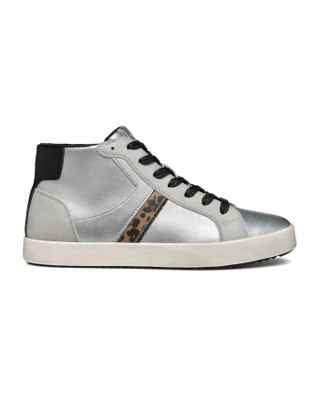 Pantofi sport medii de piele ecologica, Alb/Negru/Argintiu