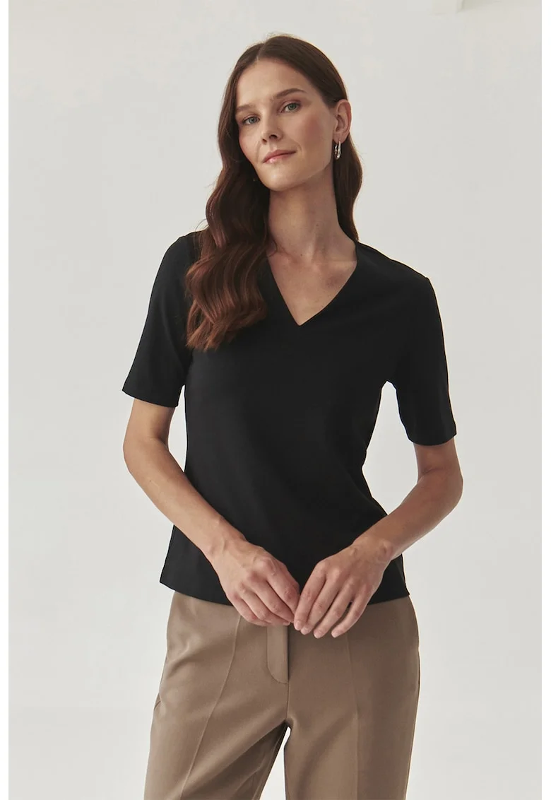 Bluza de bumbac cu maneci scurte si decolteu in V Victa, Negru