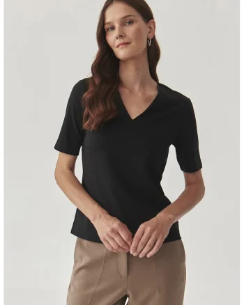 Bluza de bumbac cu maneci scurte si decolteu in V Victa, Negru