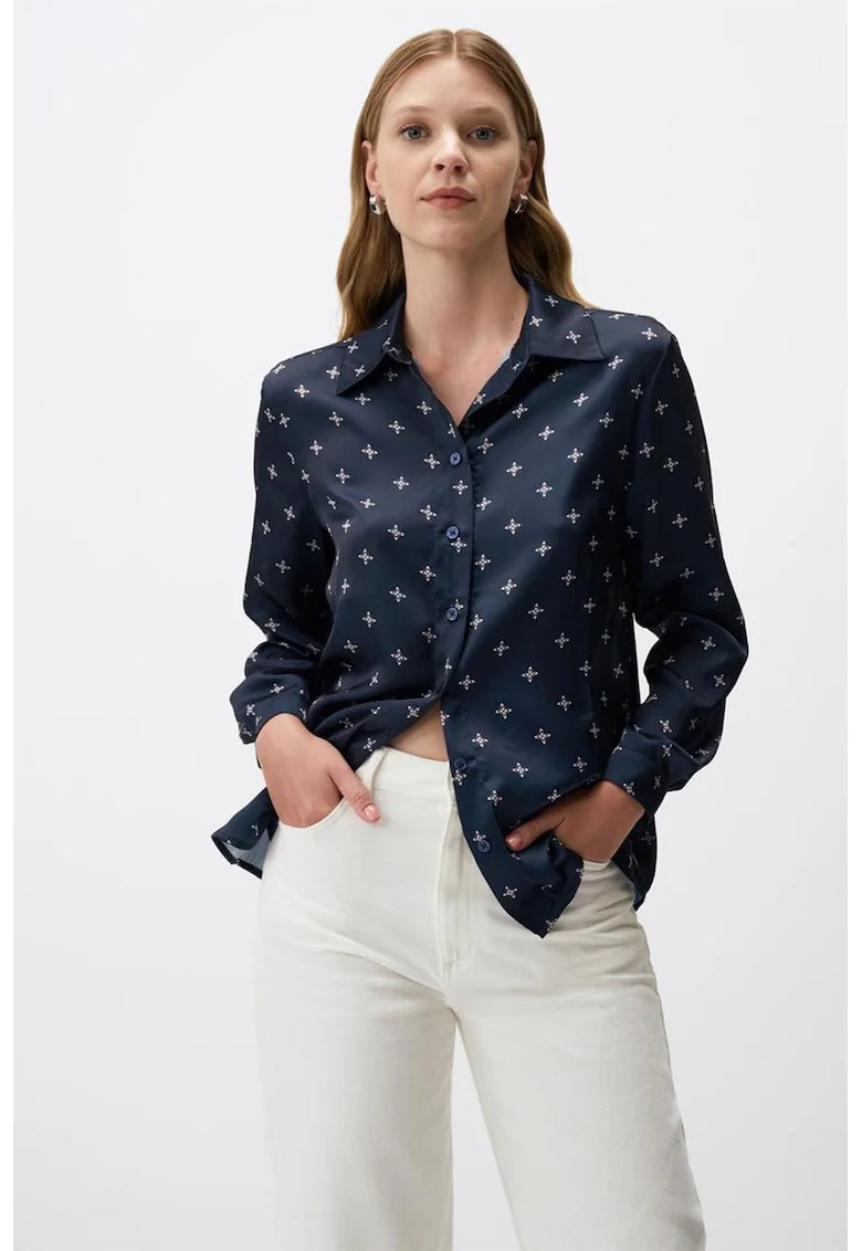 Camasa cu model si aspect de satin, Alb/Bleumarin