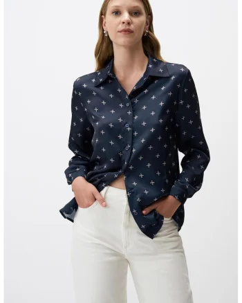 Camasa cu model si aspect de satin, Alb/Bleumarin