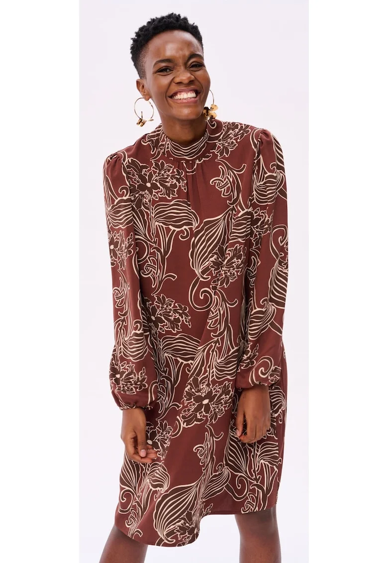 Rochie dreapta cu guler scurt si motive florale