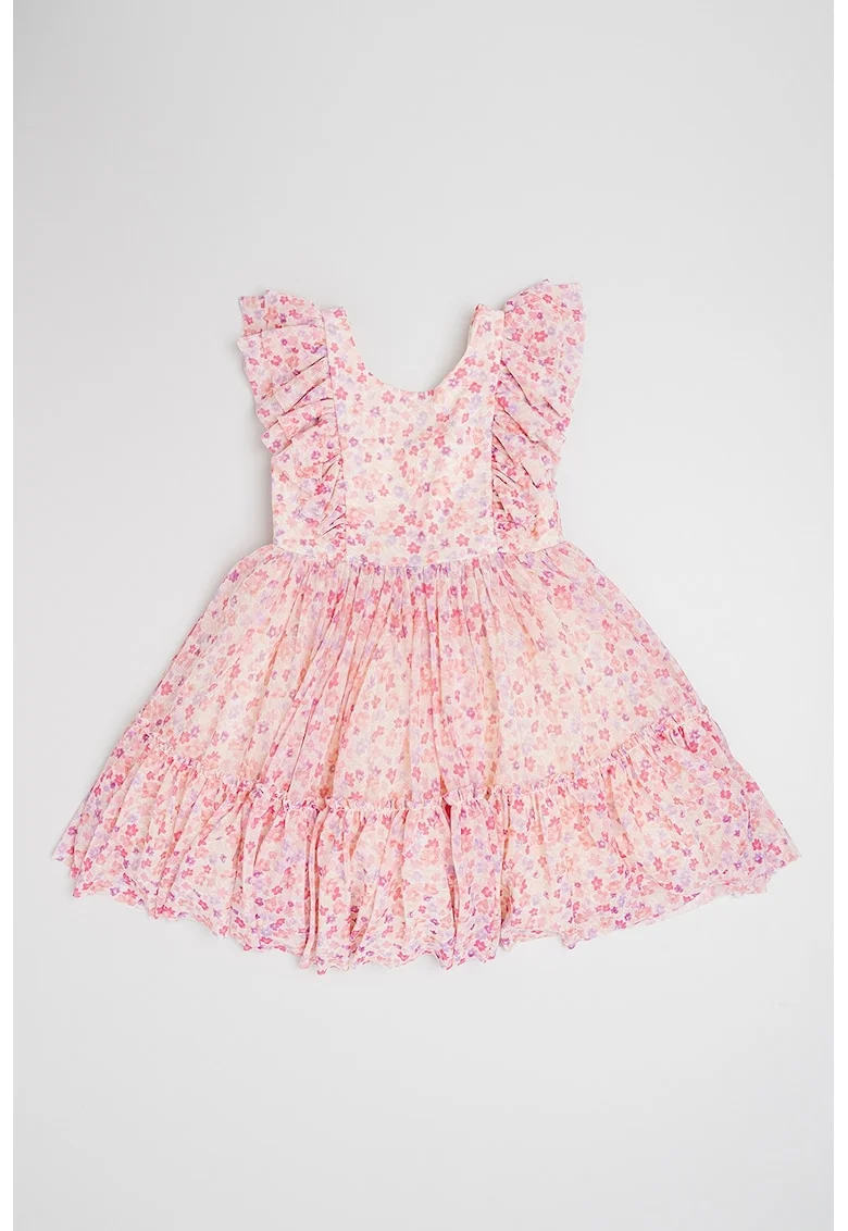Rochie cu model floral, fara maneci, Alb/Lila/Roz