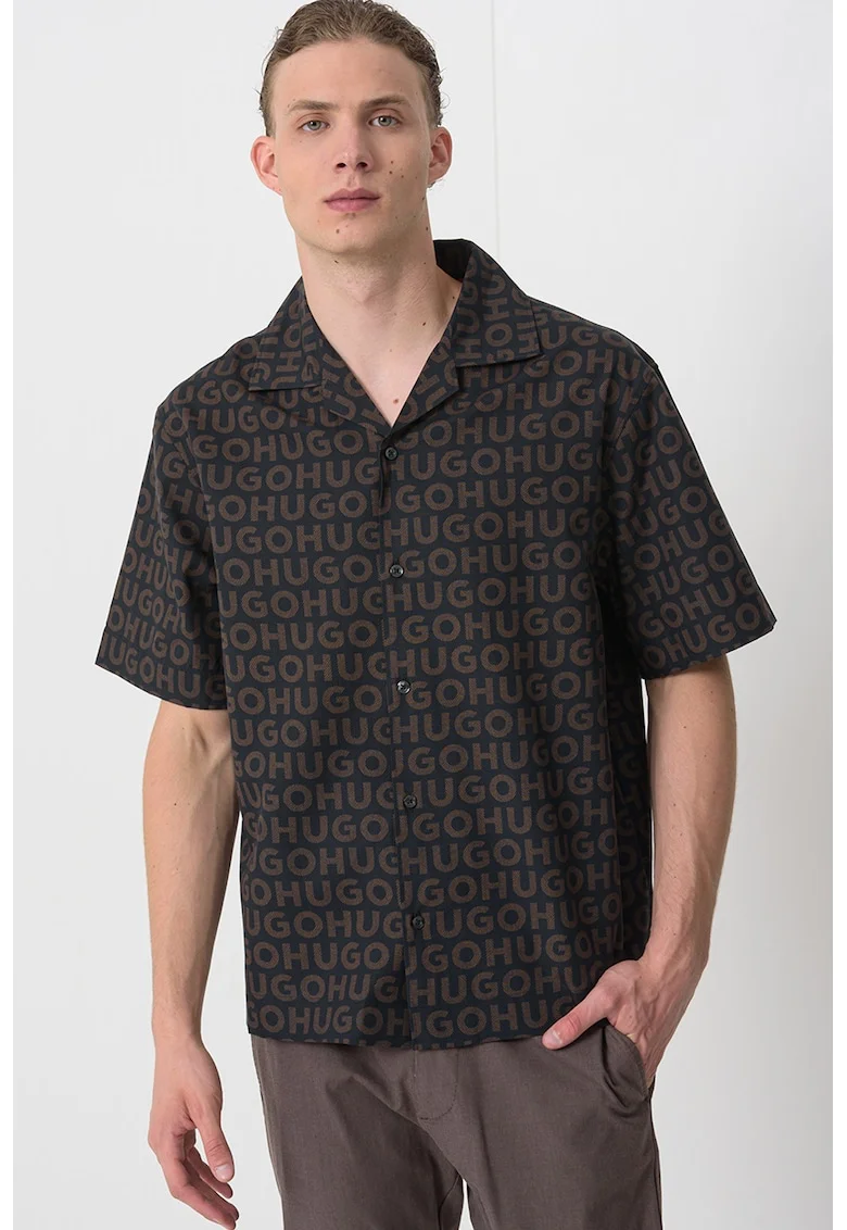Camasa cu model logo, Negru/Maro inchis