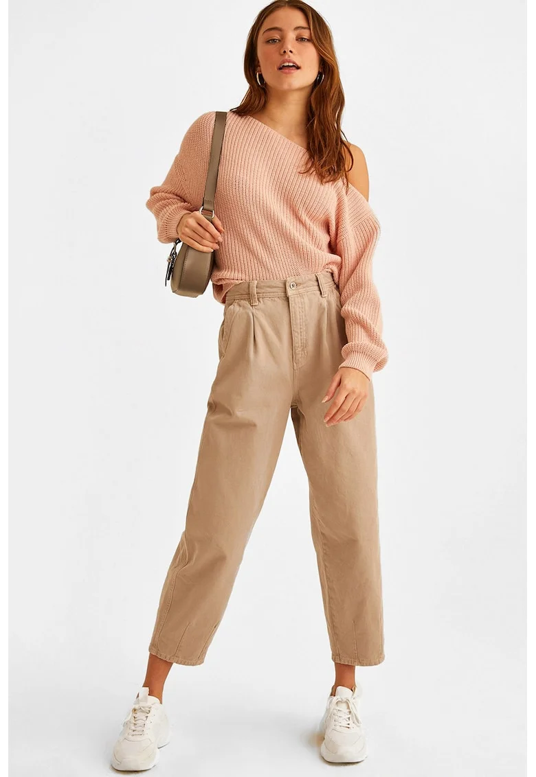 Blugi crop cu talie inalta, Maro nisip
