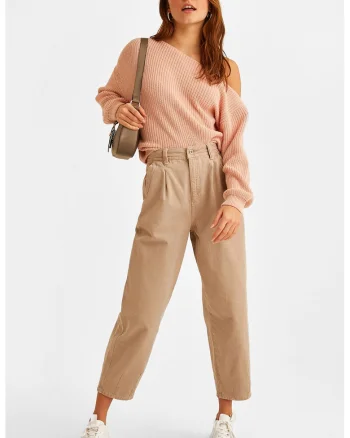 Blugi crop cu talie inalta, Maro nisip