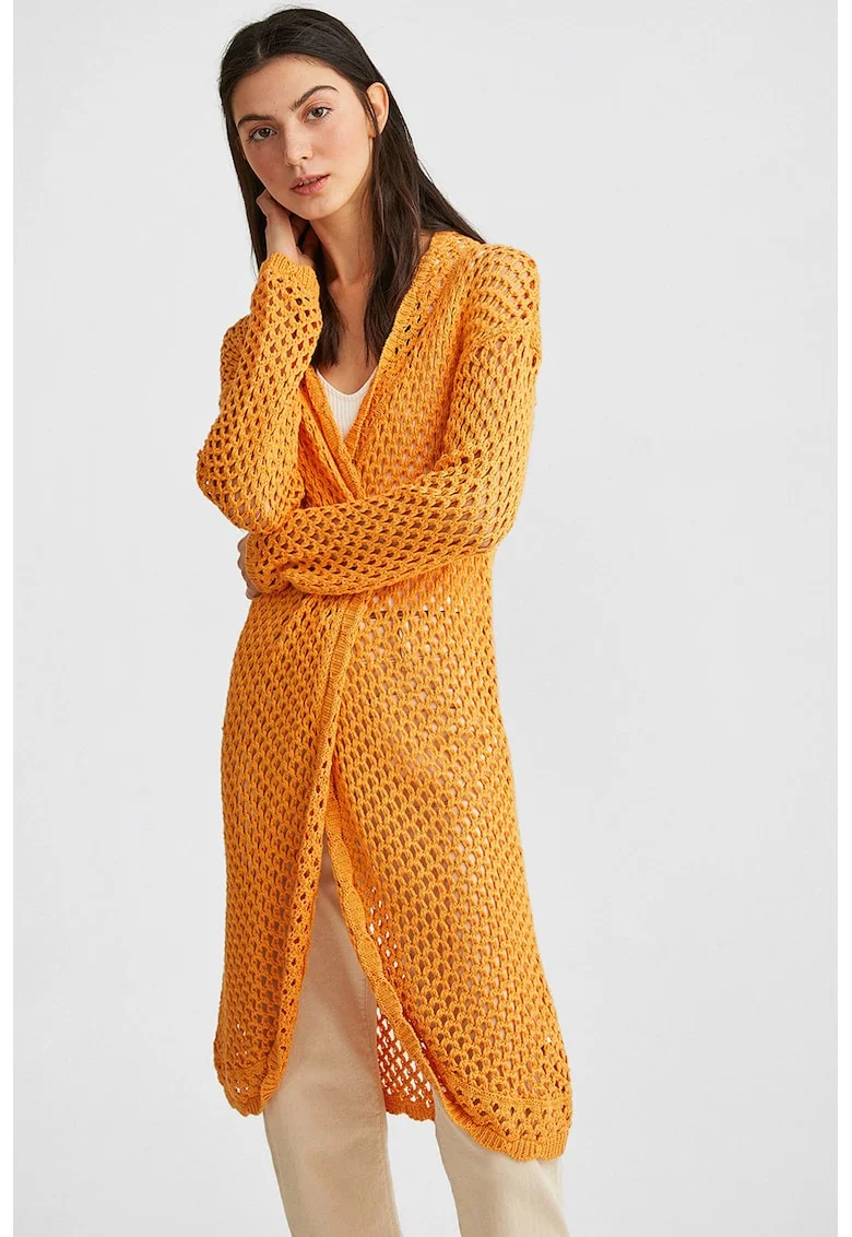 Cardigan lung tricotat, Portocaliu deschis