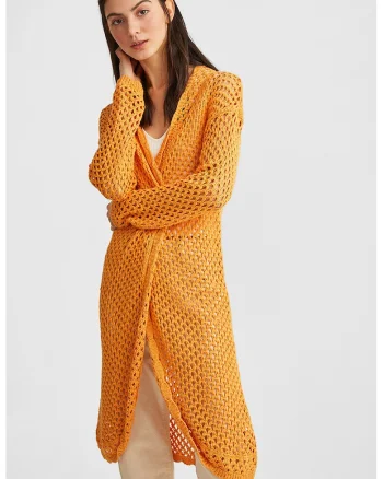 Cardigan lung tricotat, Portocaliu deschis