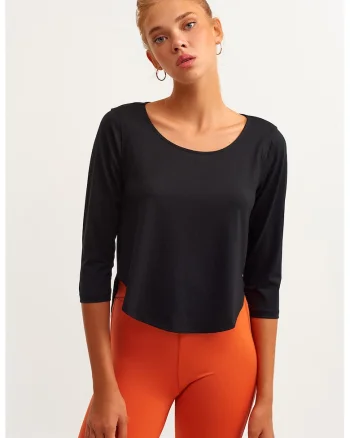 Bluza asimetrica din amestec de lyocell cu decolteu rotund, Negru