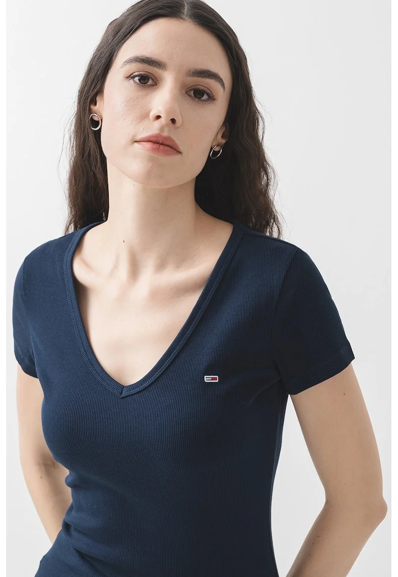 Tricou slim fit cu decolteu in V, Bleumarin inchis