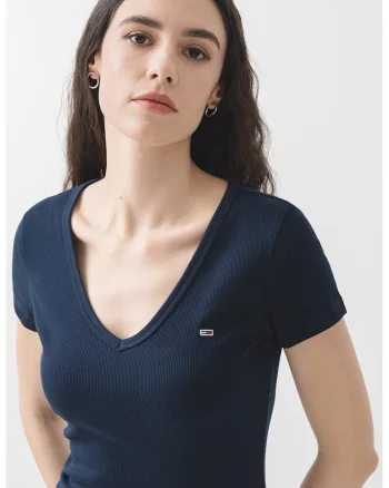 Tricou slim fit cu decolteu in V, Bleumarin inchis