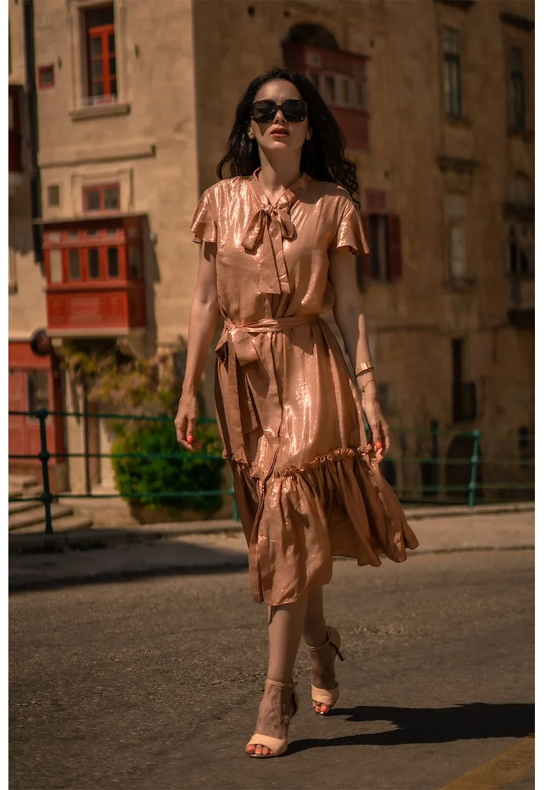 Rochie midi stratificata cu funda din panglici, Bronz