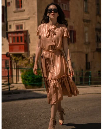 Rochie midi stratificata cu funda din panglici, Bronz