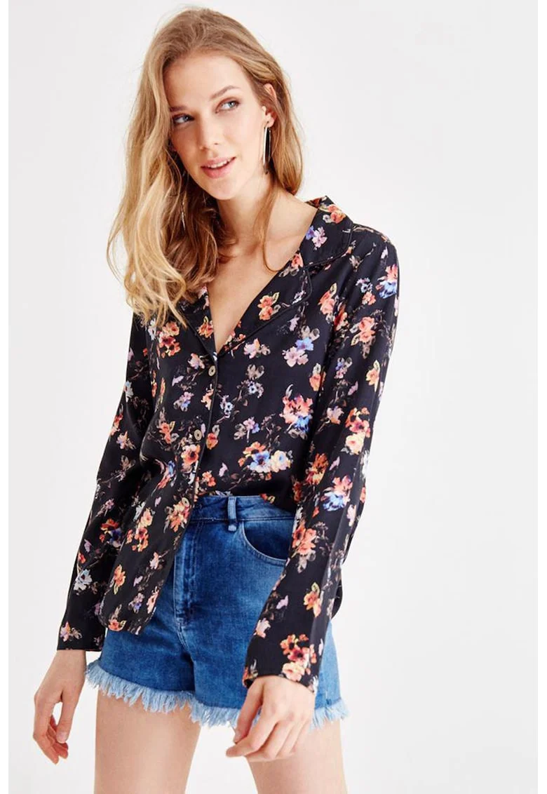 Sacou usor cu model floral, Negru/Violet/Roz