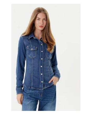 Camasa din denim cu maneca lunga si buzunare pe piept