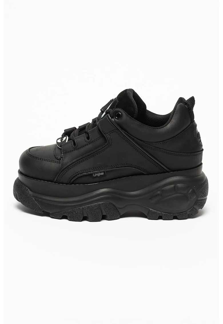 Pantofi sport de piele cu platforma si logo, Negru