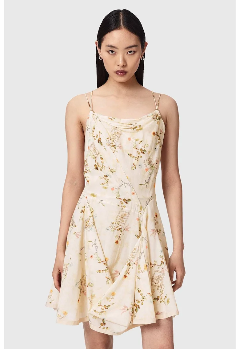 Rochie mini din amestec de bumbac organic cu model floral Claire, Portocaliu pal/Verde masliniu/Crem