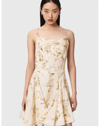Rochie mini din amestec de bumbac organic cu model floral Claire, Portocaliu pal/Verde masliniu/Crem