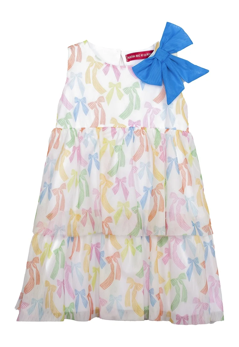 Rochie cu model stratifcat si floral, Alb, Portocaliu, Albastru,