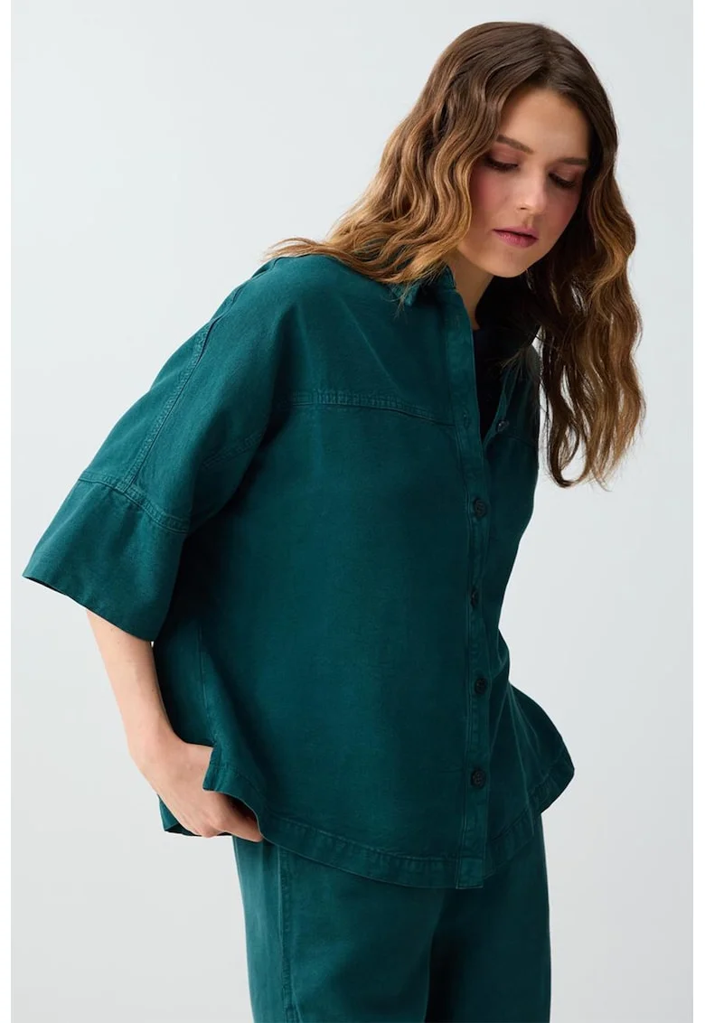 Camasa din tencel cu maneci medii, Verde englez
