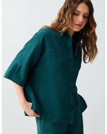 Camasa din tencel cu maneci medii, Verde englez