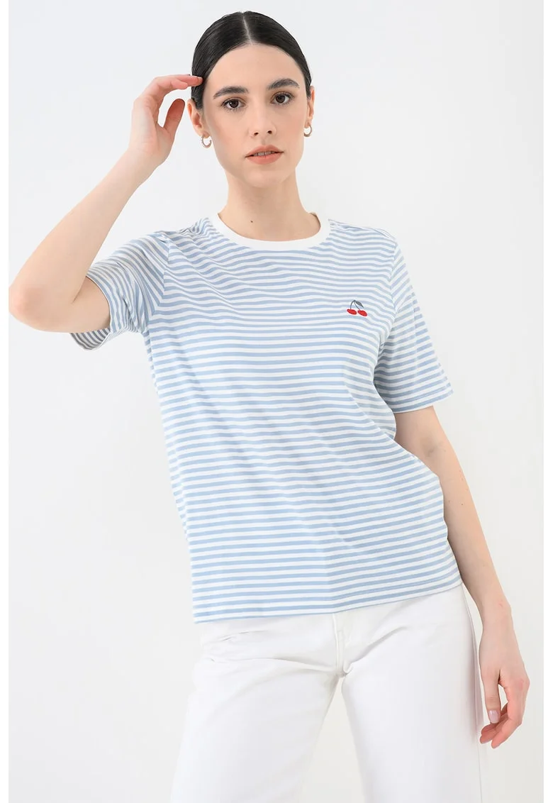 Tricou de bumbac organic cu decolteu la baza gatului, Alb/Albastru lavanda