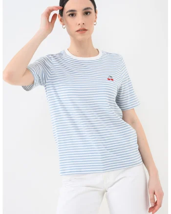 Tricou de bumbac organic cu decolteu la baza gatului, Alb/Albastru lavanda