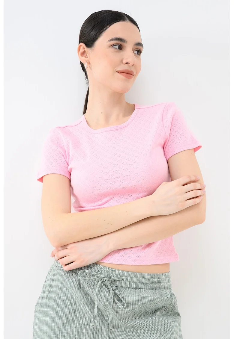 Tricou crop cu imprimeu, Roz pastel