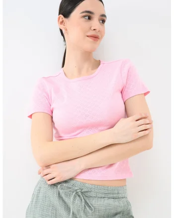 Tricou crop cu imprimeu, Roz pastel