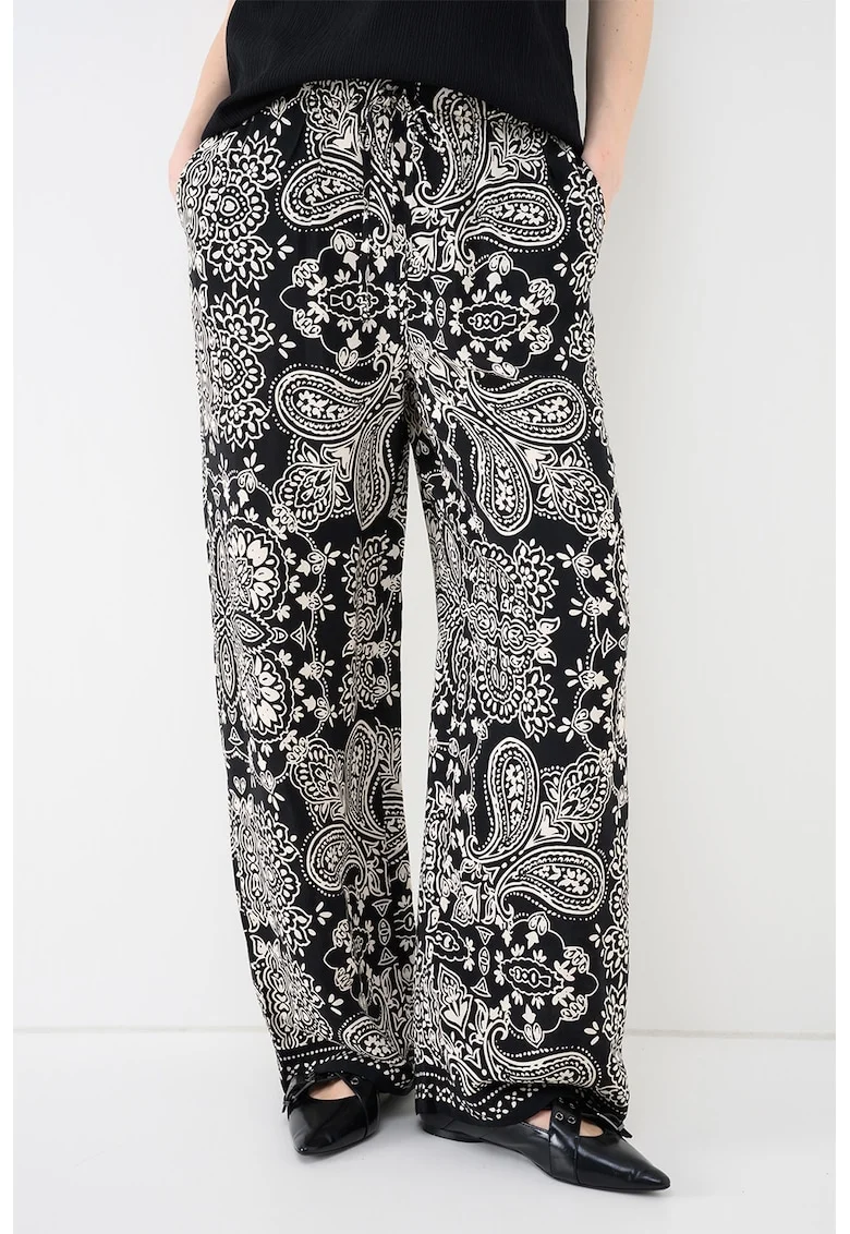 Pantaloni drepti cu model paisley Emza, Negru/Alb murdar